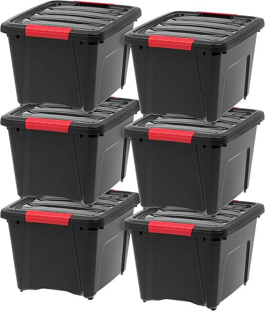 IRIS USA Stack and Pull 19 Quart Black Plastic Storage Tote Container Box Bin with Red Handles for Indoor/Outdoor Home, Garage, or Closet (6 Pack)
