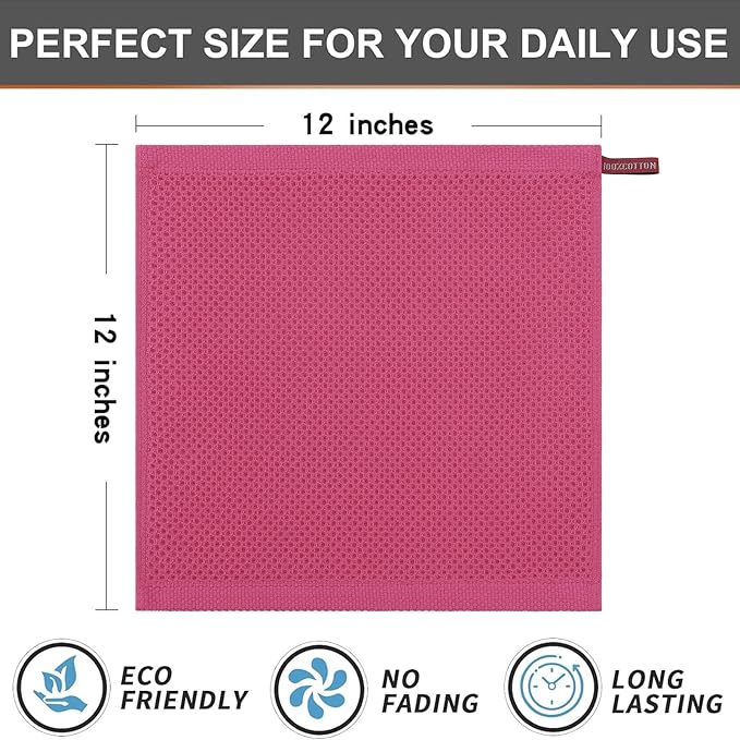 Kitinjoy 100% Cotton Kitchen Dish Cloths, 8 Pack Waffle Weave Ultra Soft Absorbent Dish Towels for Drying Dishes Quick Drying Kitchen Towels Dish Rags, 12 X 12 Inches, Hot Pink
