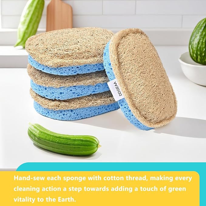 Natural Scrub Sponges Kitchen, Dual-Sided Loofah Dish Sponge - Plastic-Free, Scrubbing Power Without Scratching - 4 Pack Blue