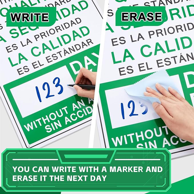 2 Pcs Plastic Days Without Accident Sign 20" x 14" Write a Day Sign Setting the Standard in Safety Quality Excellence Safety Is the Priority Quality Is Standard(Bilingual)