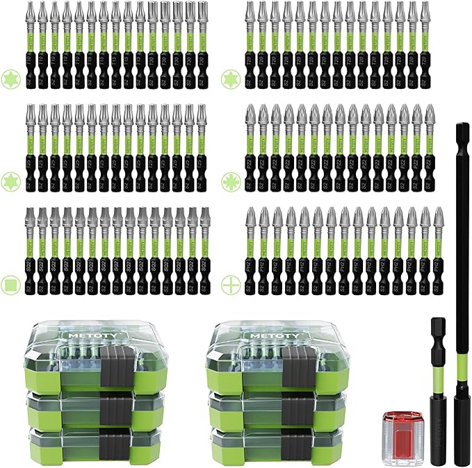 93Pcs impact driver bit set, Has Magnetic Functionality Screwdriver Bit Set. 2" (PH2,PZ2,SQ2,T10,T15, T20,T25,T30) a Magnetizer, and Extension rod, All made of S2 steel, Hard and Durable.
