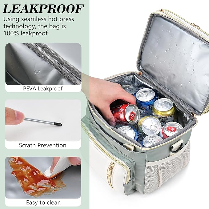 LOKASS Expandable Lunch Box for Women Men Adult Lunchbag Cooler Tote Bag with Adjustable Shoulder Strap Insulated Reusable Womens Lunch Bags for Work Camping Beach 16L, Olive Green