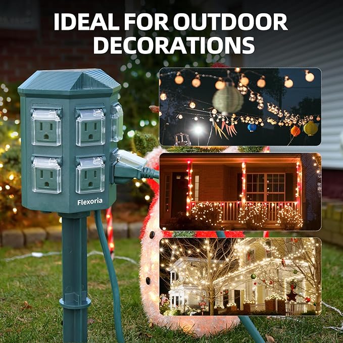Outdoor Power Stake Timer, Remote Control Dusk to Dawn Light Timer, 30FT Extension Cord Waterproof, 6 Grounded Outlets for Outdoor Christmas Decorations, ETL Listed