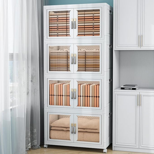 Large Clear Stackable Storage Bins with Lids, Foldable Storage Cabinet for Closet Organizers and Storage, Plastic Storage Box with Wheels 628 QT