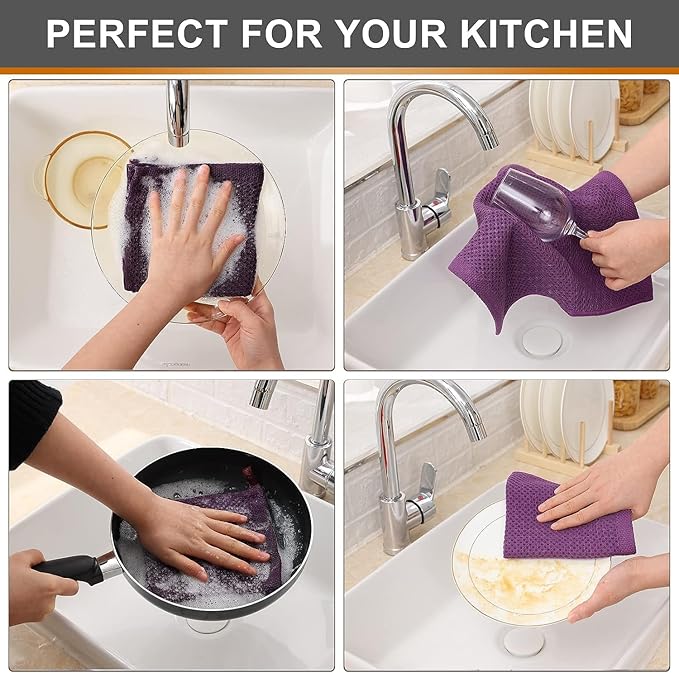 Kitinjoy 100% Cotton Kitchen Dish Cloths, 8 Pack Waffle Weave Ultra Soft Absorbent Dish Towels for Drying Dishes Quick Drying Kitchen Towels Dish Rags, 12 X 12 Inches, Violet