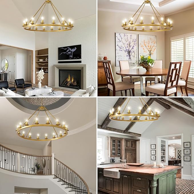 Wagon Wheel Chandelier, 16-Light Gold Modern Rustic Large Farmhouse Chandelier Adjustable Height Light for Ceiling Living Room, Entryways, Foyer, Dining Room, Kitchen