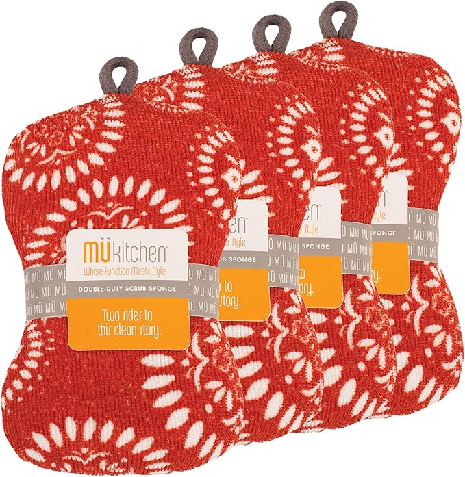 MÜkitchen Premuim Sponge for Dishes and Household Cleaning | Microfiber Print and Non-Scratch Scrub Pad | Set of 4 | (Medallion Red)