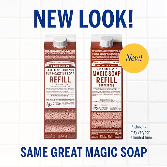 Dr. Bronner's Magic Soap-Pure-Castile Liquid Refill (Eucalyptus, 32 ounce, 2-Pack) - Regenerative Organic Certified Oils, For Body, Hair, Laundry, Pets & Dishes, Concentrated, Vegan, Non-GMO