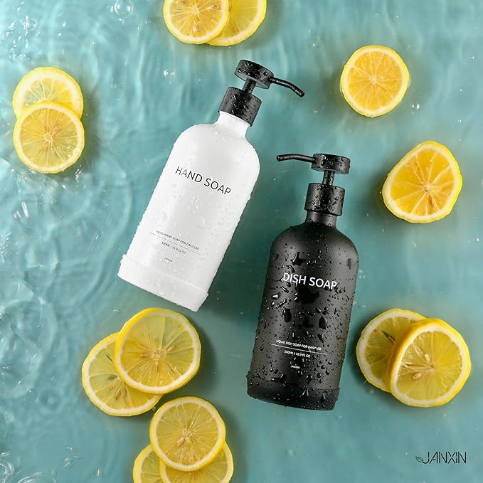Kitchen Soap Dispenser Set with Non-Slip Protective Silicone Pad,Hand Soap Dispenser for Kitchen and Bathroom Decor, White and Black Kitchen Accessories (White Bottles+Black Bottles)