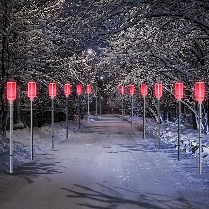 Macarrie 4 Pcs Solar Powered Driveway Markers Reflective Lights Driveway Reflectors on Poles for Snow Road Outdoor Yard Entrance (Red)