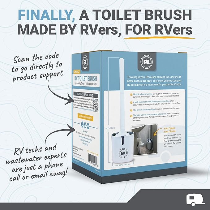Unique RV Toilet Bowl Brush, Compact, Silicone Bristles, Won't Damage Toilets or Seals, Wall-Mount No-Drip Holder (Pack of 2)
