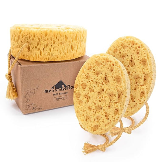 myHomeBody Bath Sponge, Foam Loofah, Body Scrubber for Bathing, Exfoliating Shower Pouf for Shower - Large Size, Lots of Lather, Oval, 3 Pack