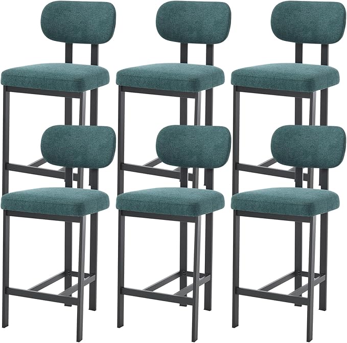 Modern Counter Stools Set of 6, 26" Upholstered Barstools with Back, Sturdy Black Metal Legs Dining Stools with Footrest for Home Pub Kitchen, Green