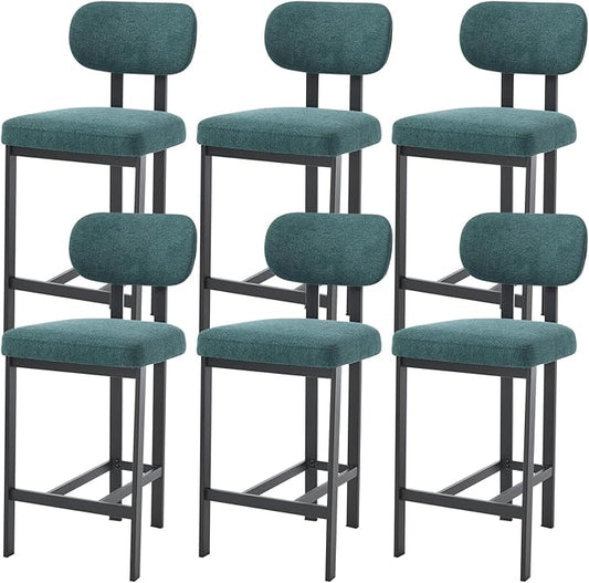 Modern Counter Stools Set of 6, 26" Upholstered Barstools with Back, Sturdy Black Metal Legs Dining Stools with Footrest for Home Pub Kitchen, Green