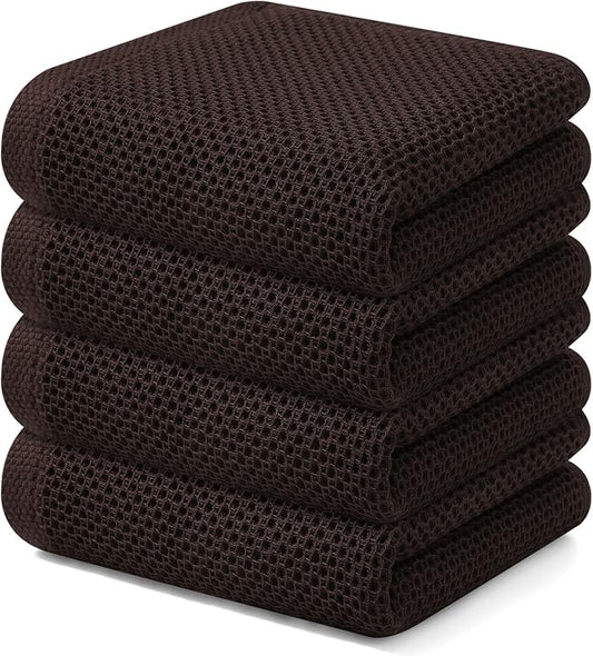 Kitinjoy 100% Cotton Waffle Weave Kitchen Towels, 4-Pack Super Soft and Absorbent Dish Towels for Drying Dishes, Kitchen Hand Towels, 13 in x 28 in, Dark Brown