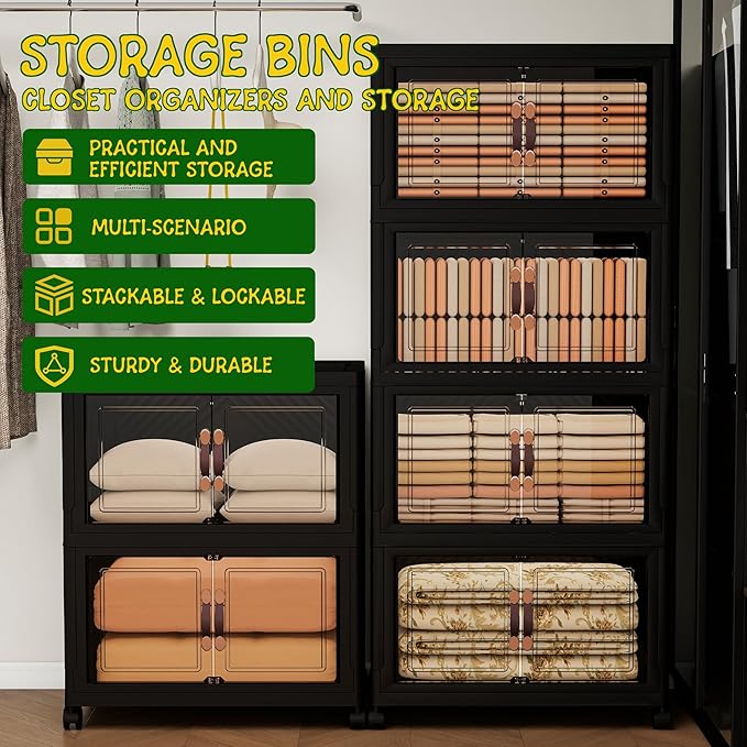 Storage Bins with Lids and Wheels, Collapsible Bathroom Storage Cabinet with Clear Doors, Plastic Stackable Closet Organizers and Storage Containers Black 942 QT