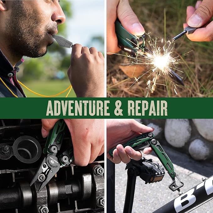 MOSSY OAK CNC-Machined Multitool Pliers, 27-in-1 Multi Tool with Pocket Knife, Fire Starter & Whistle, Bottle Opener, Screwdriver – Self-Locking Survival Tool for Camping & Hiking