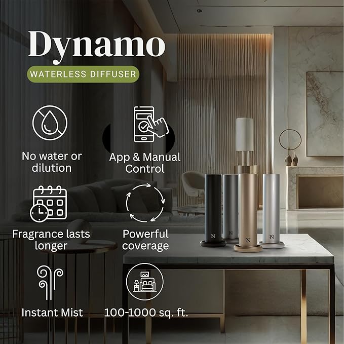 Dynamo Hotel Scent Diffuser – Cold-Air Essential Oil Diffuser for Home & Large Rooms up to 1000 sq ft, App & Manual Control, Hypoallergenic, Includes White Tea Fragrance Sample – Gold