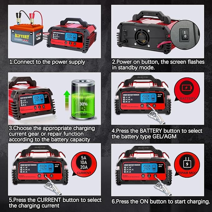 LVYUAN 20A Smart Car Battery Charger, 12V (5/10/20A) and 24V(5/10A) Automotive Charger, Battery Maintainer with LCD Display, Trickle Charger, for Motorcycle, AGM, Lawn Mower and Lead-Acid Batteries