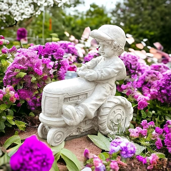 Concrete Young Child on a Tractor Figure Massive Boy on Tractor Statue Outdoor Farm Decoration