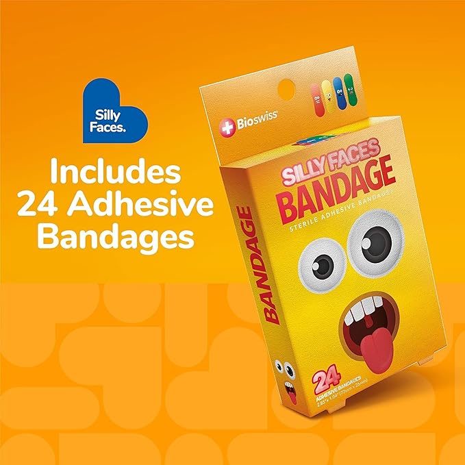 BioSwiss Kids Bandages, Silly Faces Shaped Self Adhesive Bandage Set, Latex Free Sterile Wound Care, 24 Count