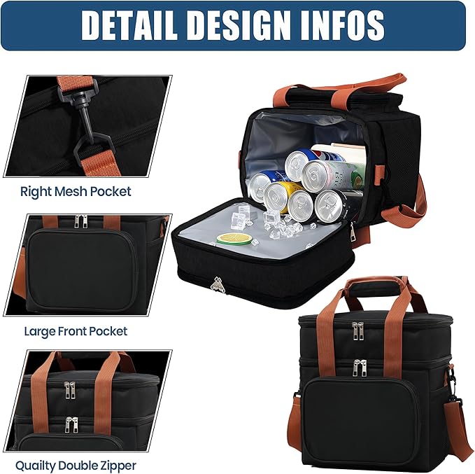 16 litres Insulated Lunch Bag for Men & Women, 2 Deck Lunch Box with Leak-Proof, Insulated Cooler Bag, Reusable Lunch Tote, with Adjustable Shoulder Strap for Office Picnic Hiking Beach