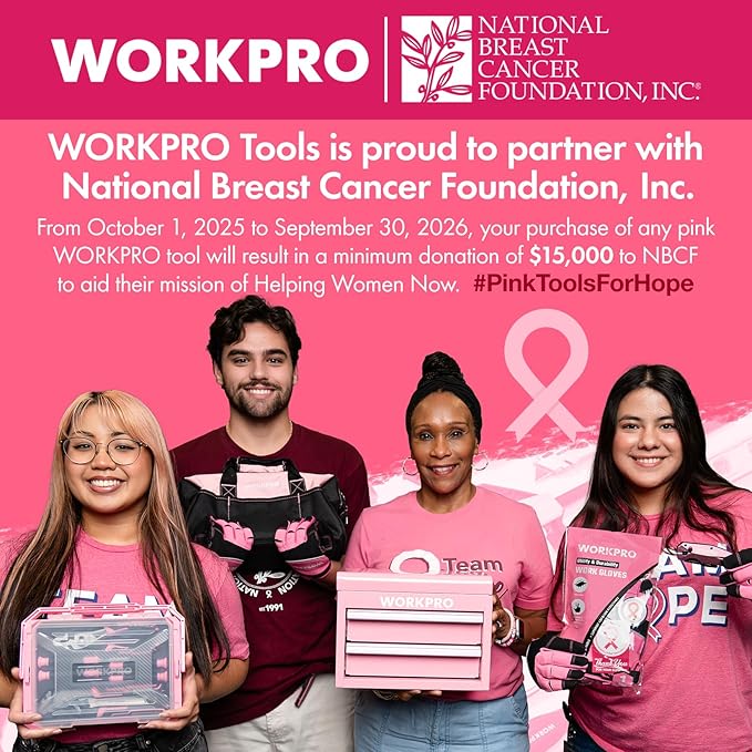 WORKPRO Pink Cordless 8V Drill Driver Set, 2Ah Electric Power Drill with 3/8'' Keyless Chuck, 15pcs Bits & 1 Type-C Charging Cord for Drilling and Screwing - Pink Ribbon