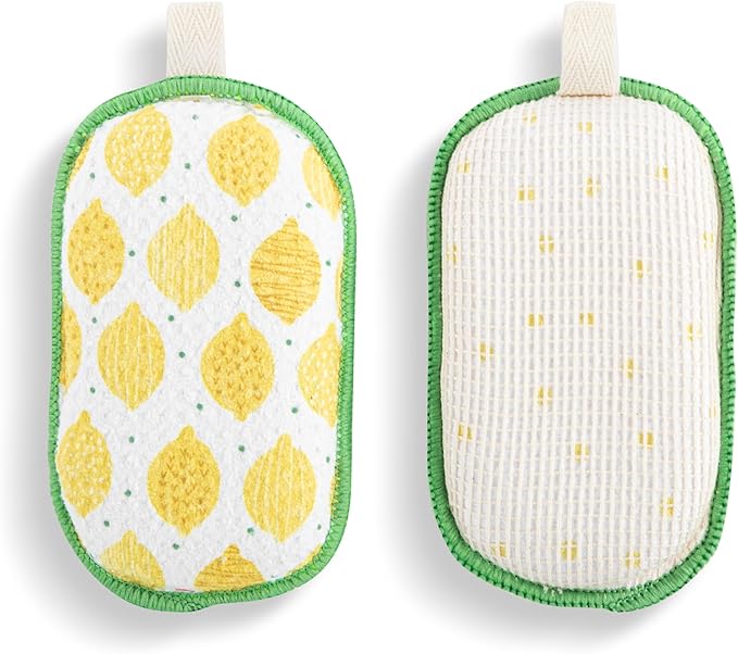 Demdaco Absorbent Reversible Mesh Sponge, Dish Cleaning Supplies, 3 x 5 Inch Polyester, Lemon Pattern - Pack of 2