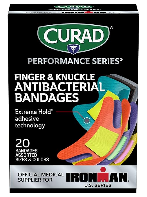 CURAD Performance Series IRONMAN Antibacterial Bandages, Extreme Hold Adhesive Technology, Finger & Knuckle Bandages, Flexible Fabric, Variety Pack with Assorted Sizes & Colors, 20 Count