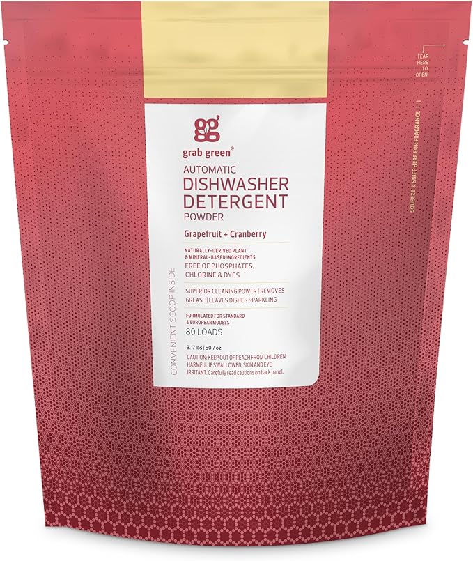 Grab Green Automatic Dishwashing Detergent Powder 3.17 lbs, 80 Loads, Grapefruit Cranberry Scent, Plant and Mineral Based, Superior Cleaning, Powerful Grease Removal, Brilliant Shine