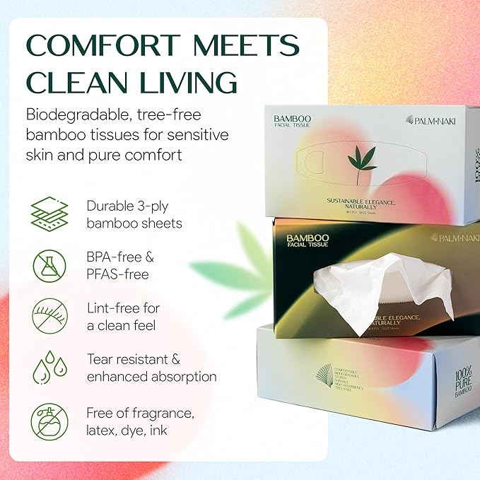 100% Bamboo Facial Tissue | 3-Ply Strong | Lint-Free, Fragrance-Free | Gentle for Sensitive Skin | BPA & PFAS-Free, FSC Certified | 18 Boxes (125 Sheets/Box) | PALM NAKI