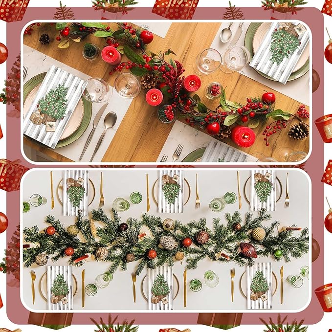 Jetec 200 Pieces Christmas Napkins Christmas Tree Disposable Guests Paper Napkins Winter Stripes Disposable Hand Towels for Bathroom Christmas Decorative for Xmas Dinner Wedding Birthday Party