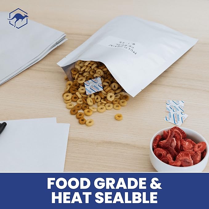 Wallaby 50 Count 1-Quart Mylar Bags with Labels, 5 Mil Total Thickness Long-Term Food Storage Pouches, 7x10 Heat-Sealable Airtight Packaging - Silver