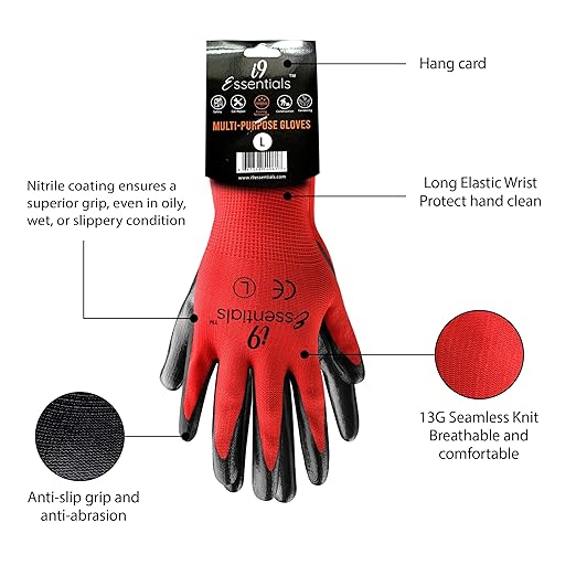 I9 Essentials Work Gloves 12 Pairs – Red Seamless Knit Gloves with Nitrile Coated Palm & Fingers, Breathable Safety Grip for Men & Women, General Duty, Construction, Warehouse (Large)