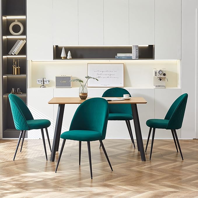 Contemporary Home Kitchen Dining Chair Set of 4,Nice Velvet Living Reception Chair No Arms with Metal Legs,Soft Cushion & Adjustable Feet Cover for Vanity,Dining,Dark Green