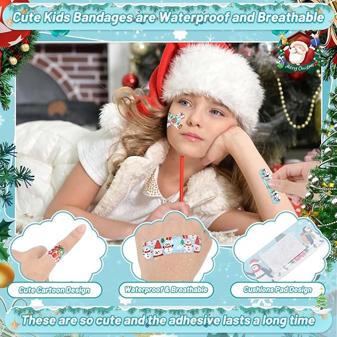 300 Pieces Christmas Kids Bandages 33 Styles Christmas Bandage for Kids Children's Adhesive Flexible Santa Claus Cartoon Bandages Breathable Protection Care Cuts for Girls Boys(Christmas)