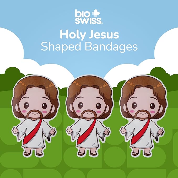 BioSwiss Kids Bandages, Holy Jesus Shaped Self Adhesive Bandage Set, Latex Free, Sterile Wound Care, 24 Count