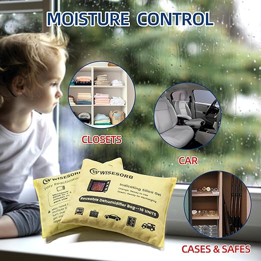 4 Pack 500G Reusable Silica Gel Desiccant Dehumidifier Bags, Color Indicating Moisture Absorbers for Car, Closet, Basement & Garage, Microwave Rechargeable Reusable Drying Bags