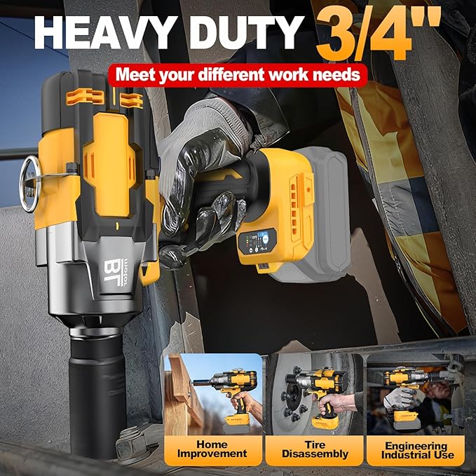 Cordless Impact Wrench 3/4" for De-Walt 20V Battery, 1475 Ft-lbs (2000N.m) High Torque power Impact Gun Heavy Duty Brushless, 3 Mode, 1/2" Impact Socket Adapter, Car Tire Truck RV Mower (No battery)