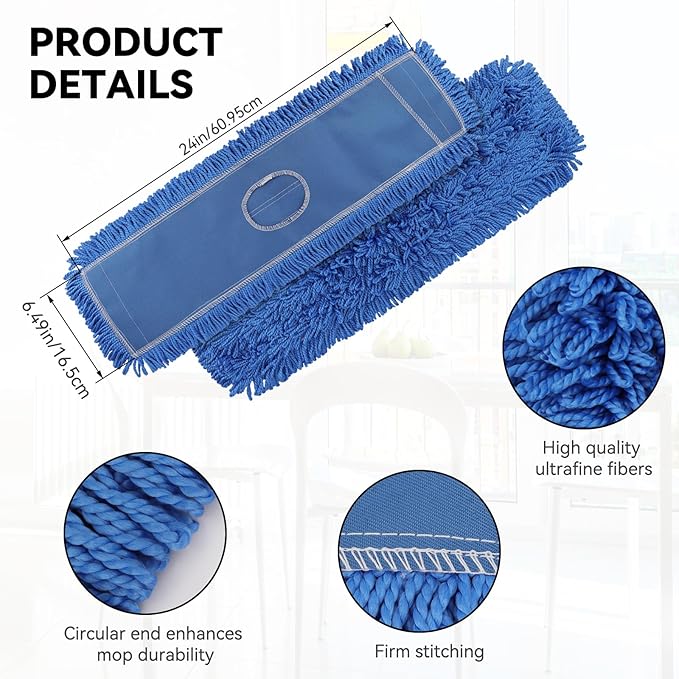 24 Inch Dust Mop Head: Replacement Medium Washable Commercial Mop Head Sweeper and Janitorial Replacement Blue (Blue - 24 Inch, 3 Pack)