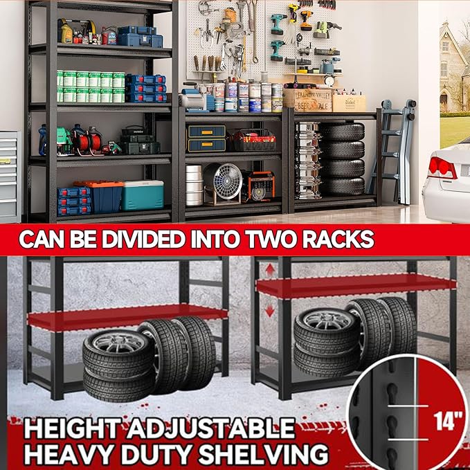 71.2"H 5-Tier Adjustable Storage Shelf, Steel Shelving, 2500 lbs Capacity, Heavy Duty Metal Garage Shelving Unit, Industrial Shelves for Heavy Tools and Equipment, Ideal for Garage, Basement, Black