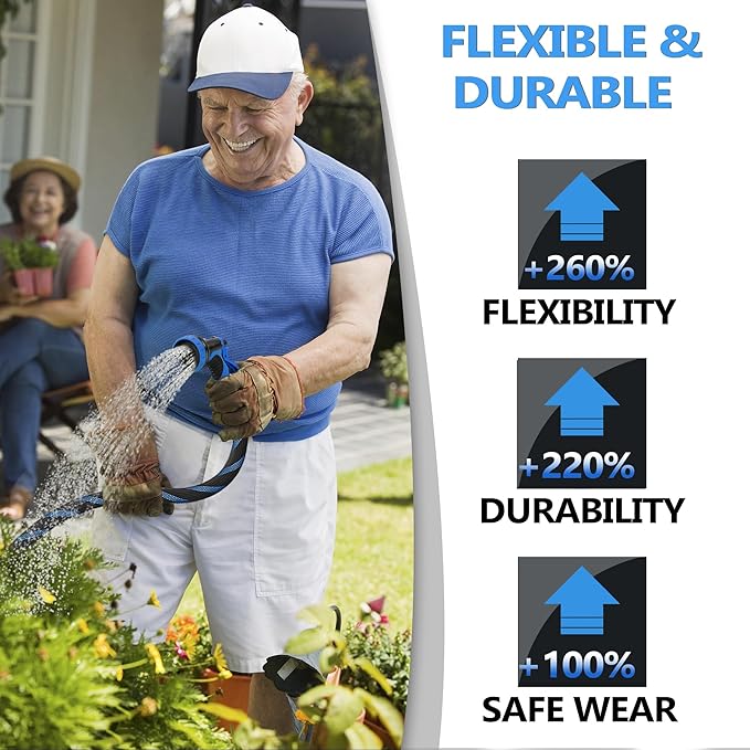50 ft Garden Hose-No Kink,Heavy Duty,Lightweigh Flexible,Leakproof Water Hose with Sprayer Nozzle-3/4" Solid Brass Connectors-Rubber Car Hoses