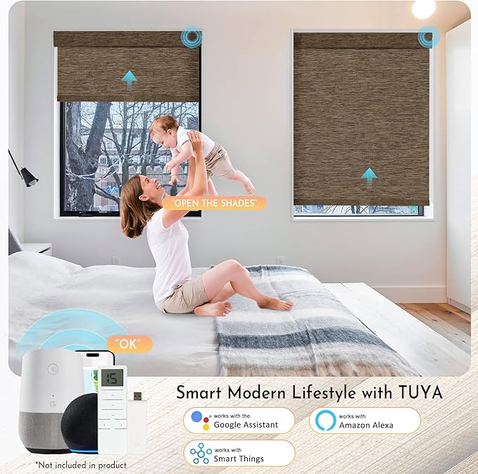 Persilux Smart Motorized Blinds with Remote, No Drill Automatic Roller Shades for Indoor Windows, Blackout Linen Fabric, Electric Blinds for Windows, Nature Brown C153BO-11, Custom Size