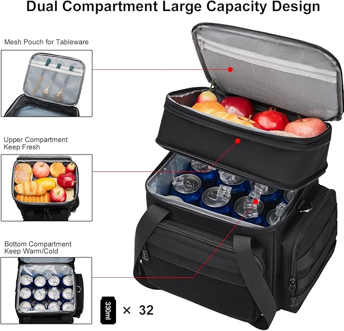 Large Tactical Lunch Box for Men, Insulated Lunch Bag Adult, Thermal Lunchbox Leakproof Waterproof Cooler Bag, Dual Compartment Lunch tote, Large Lunch Pail for Office Camping (Black) 24L