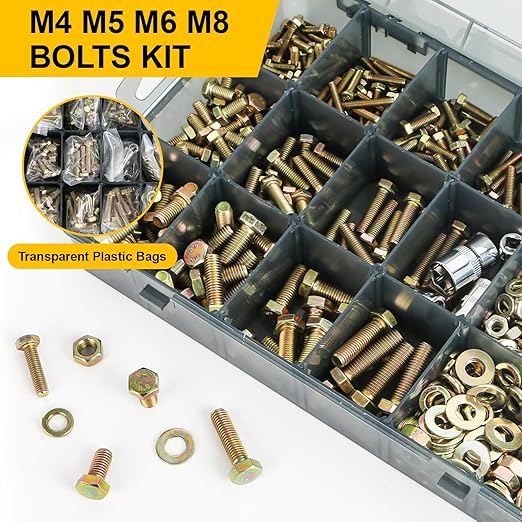 1012Pcs Grade 8.8 Metric Bolts Assortment, Hex Heavy Duty Bolts and Nuts Set, M4 M5 M6 M8 (12mm to 30mm), Comes with 3 Bits（Yellow Zinc Plated）