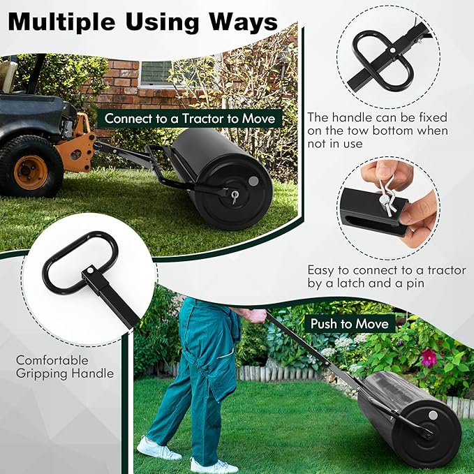 Goplus Lawn Roller, Push/Tow Behind Lawn Roller, 30 Gallon/113L Water Sand Filled Sod Roller Drum Roller with Detachable Gripping Handle, Yard Roller Pull Behind a Tractor for Garden Yard Park Farm