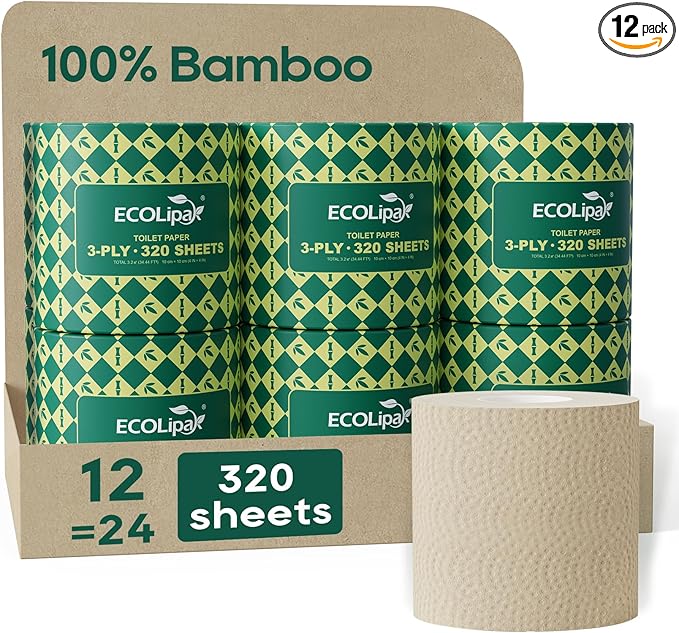 ECOLipak Bamboo Toilet Paper 3 Ply, Septic Safe Toilet Tissue, 12 Double Rolls, 320 Sheets Per Roll, Tree Free, Non Toxic, Soft and Absorbent, Eco Friendly Dye-Free Paper, Brown