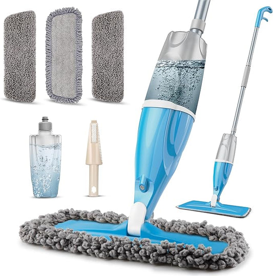 Microfiber Spray Floor Mops for Floors Cleaning- Hardowod Floor Mops with 440ML Refillable Bottles 3 Washable Mop Pads and 1 Scraper - Dust Wet Mop for Laminate Hardwood Ceramic Tile Wood Vinyl