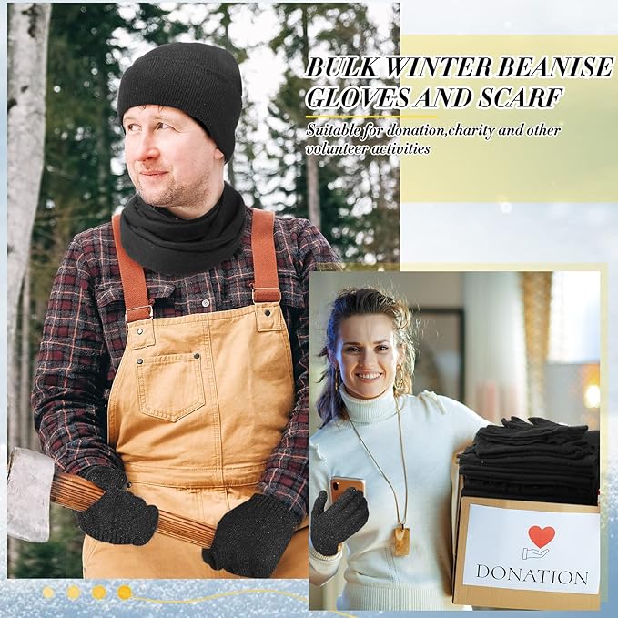 Unittype 300 Pcs Winter Beanies Gloves Scarf Set Bulk 100 Knit Skull Cap 100 Pair Winter Gloves 100 Neck Warmer for Men Women