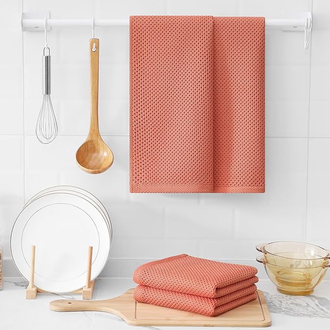 Kitinjoy 100% Cotton Waffle Weave Kitchen Towels, 8-Pack Super Soft and Absorbent Dish Towels for Drying Dishes, Kitchen Hand Towels, 13 in x 28 in, Coral